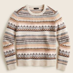 J. Crew Cream Fair Isle Crewneck Sweater with Brown and Blue Accents
